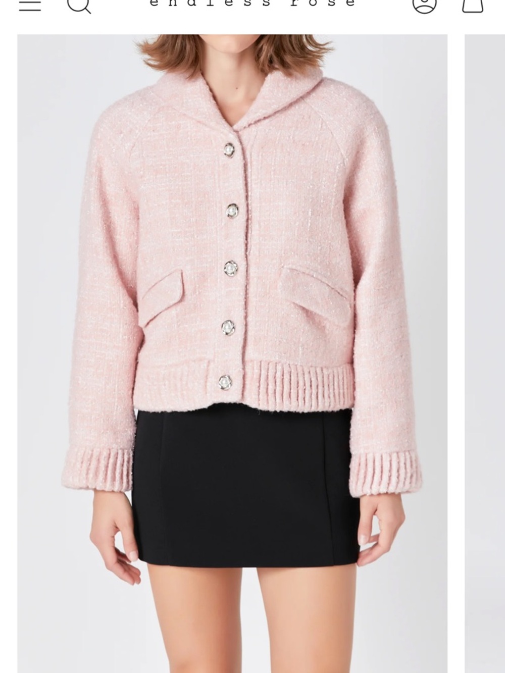 Endless Rose Pale Pink Bouclé Hooded Jacket with Crystal Buttons
